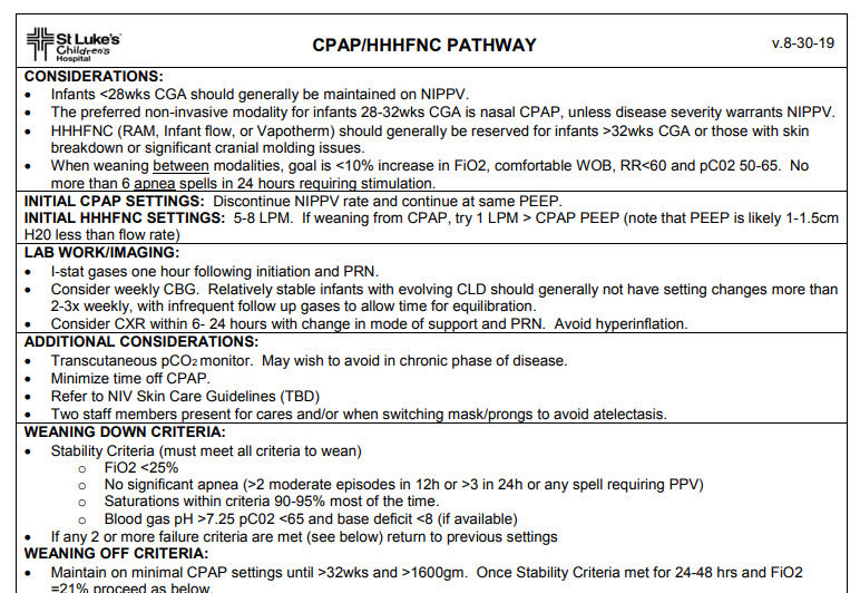 Neonatal clinical guidelines, protocols, pathways, and algorithms for respiratory management.